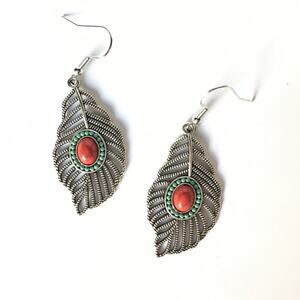 Silver tone feather earrings,  red cabochon & faux turquoise accents